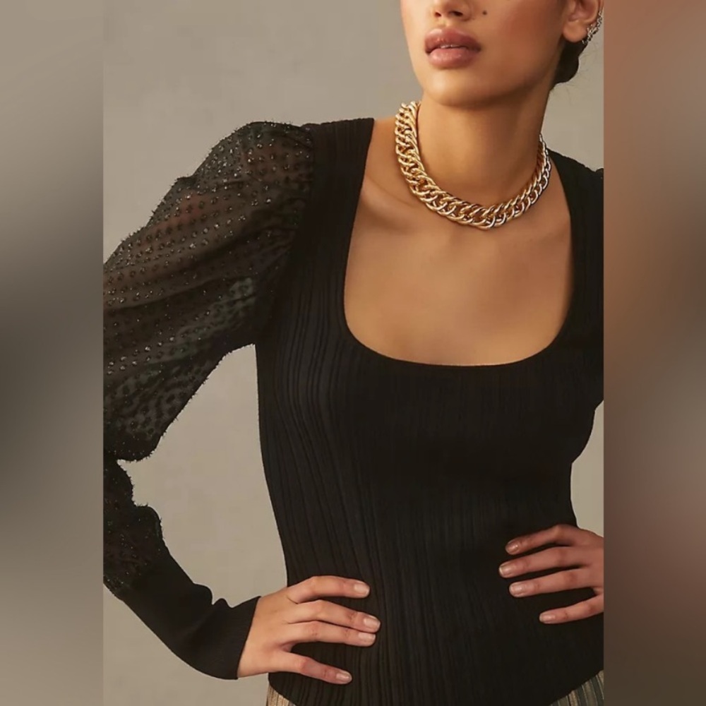 Anthropologie Puff Sleeve Shimmer Sweater in Black - Picture 6 of 16